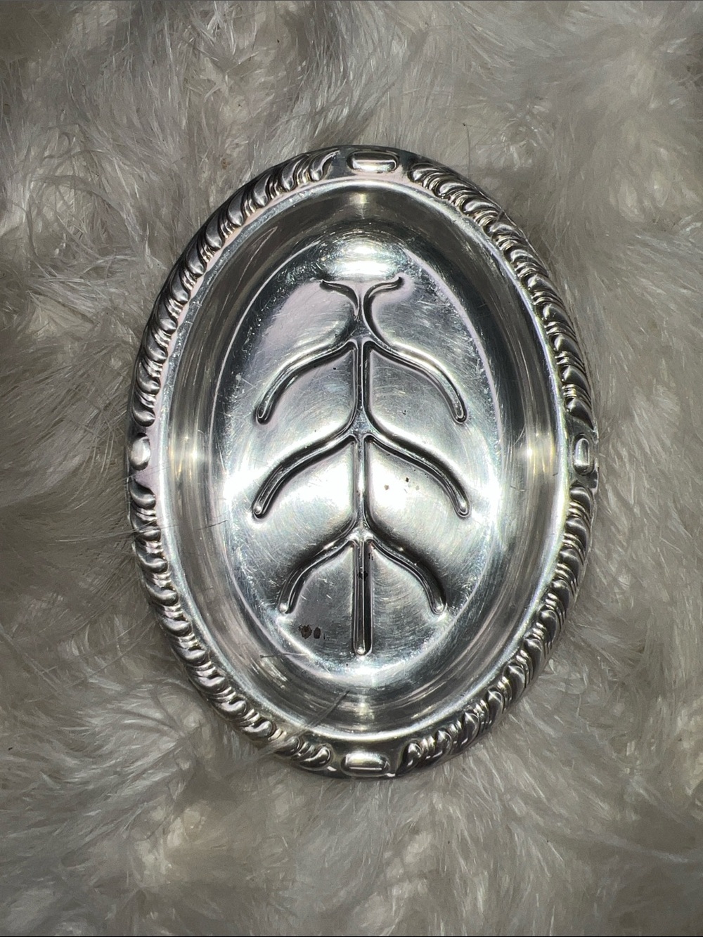 Vintage Antique Silver Plated Oval Decorative Tray with Leaf Motif Jewelry Tray